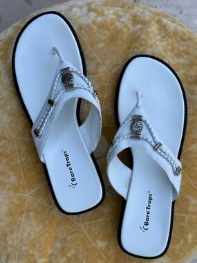 BareTraps Benny White Braided Thong Sandals with Decorative Medallions